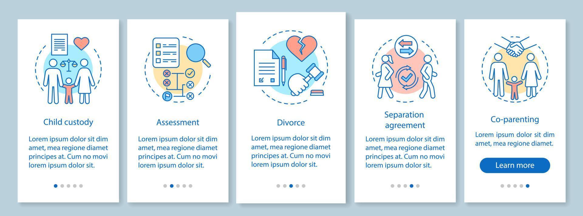 pantalla de la página de la aplicación móvil de incorporación de custodia infantil con conceptos lineales. divorcio, acuerdo de separación, instrucciones gráficas de los pasos del tutorial de paternidad compartida. ux, ui, plantilla vectorial gui con ilustraciones vector