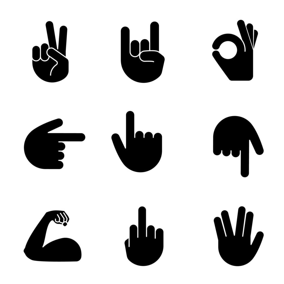 Hand gesture emojis glyph icons set. Victory, peace, rock on, OK, middle finger, vulcan salute gesturing. Backhand index pointing right, up and down. Silhouette symbols. Vector isolated illustration