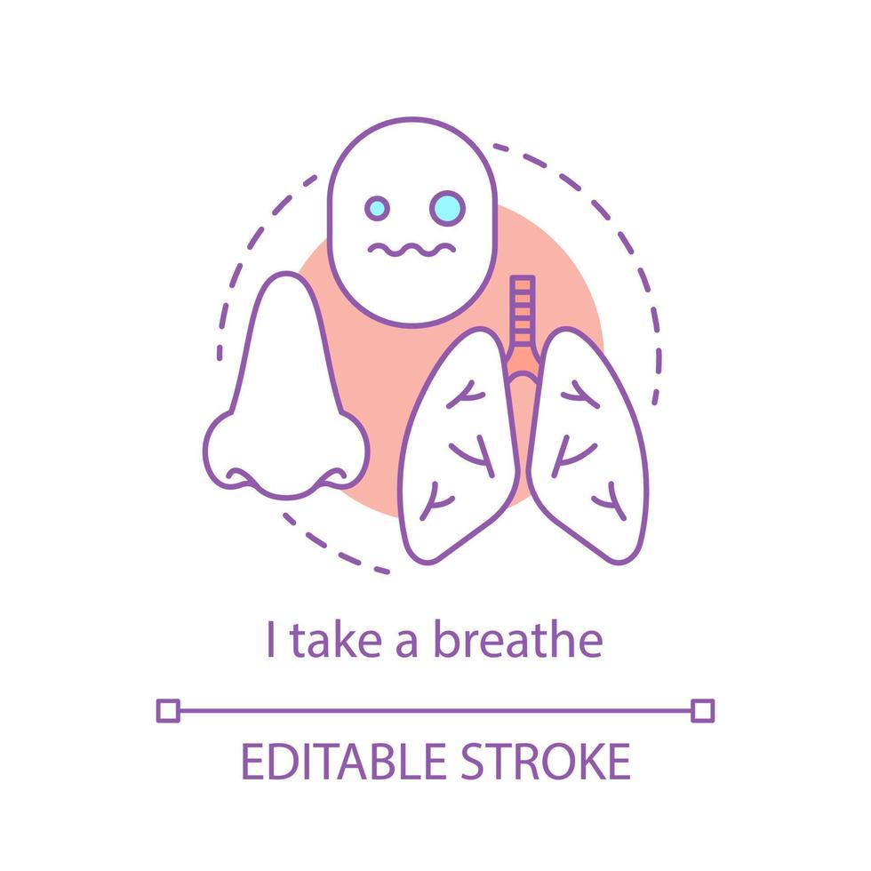 icono del concepto de respiración. ilustración de línea delgada de idea de respiración. nariz y pulmones. relax, tranquilidad. superación del estrés. relajación. Estado de ánimo de emoción de pánico. dibujo de contorno aislado vectorial. trazo editable vector