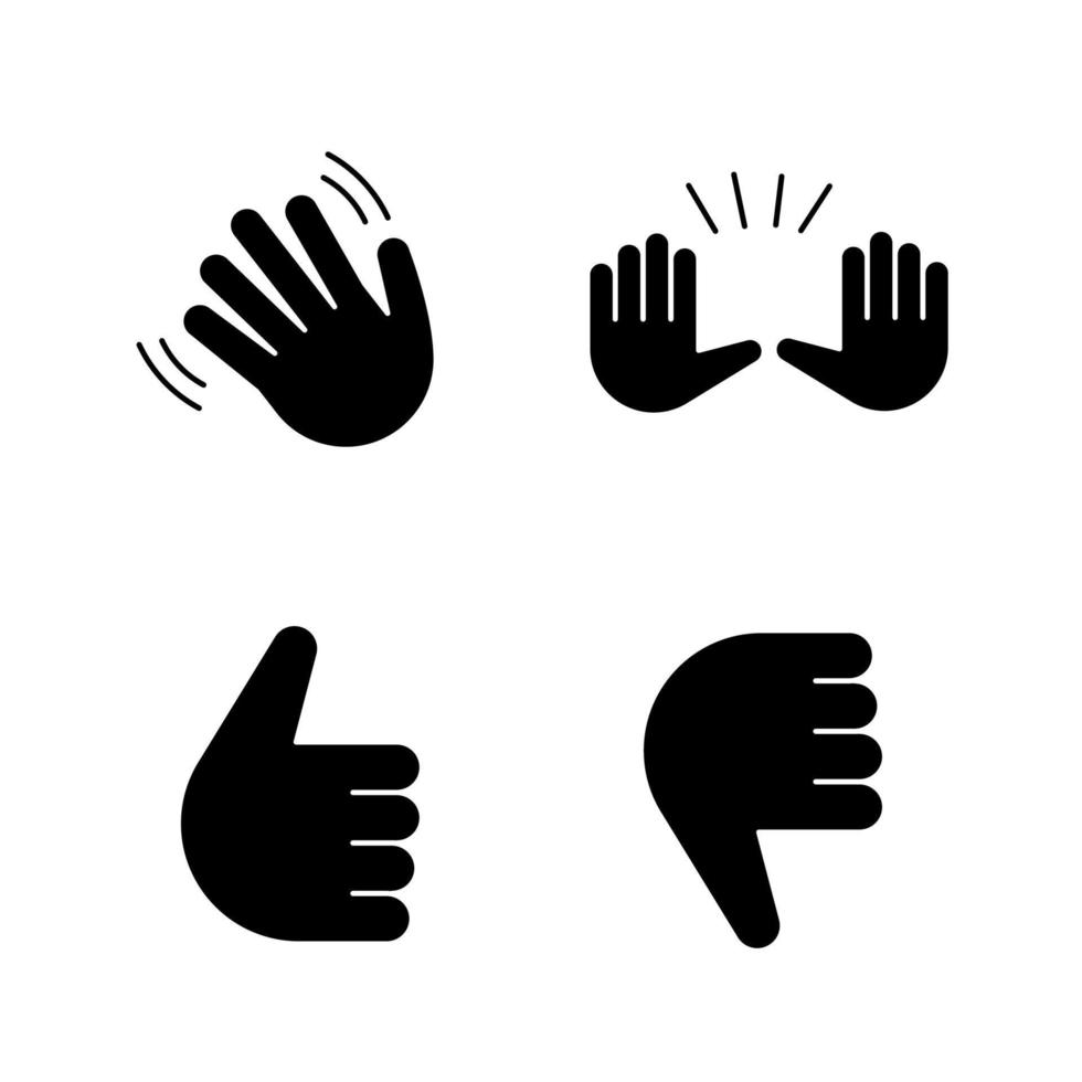 Hand gesture emojis glyph icons set. Hello, goodbye, stop, good job, disapproval gesturing. Waving and raising hands, thumbs up and down. Silhouette symbols. Vector isolated illustration