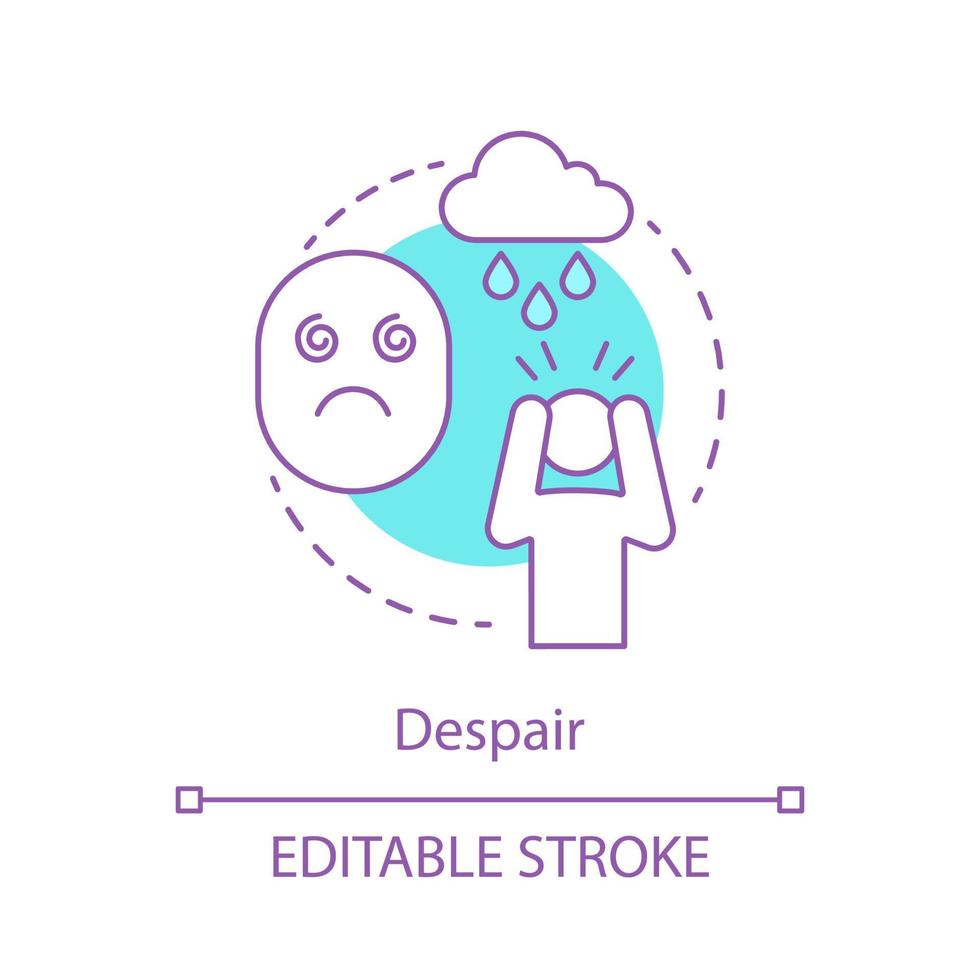 Despair concept icon. Hopelessness idea thin line illustration. Sadness emotion. Panic. Worried pessimist. Misery, heartbreak. Anxiety feeling. Vector isolated outline drawing. Editable stroke