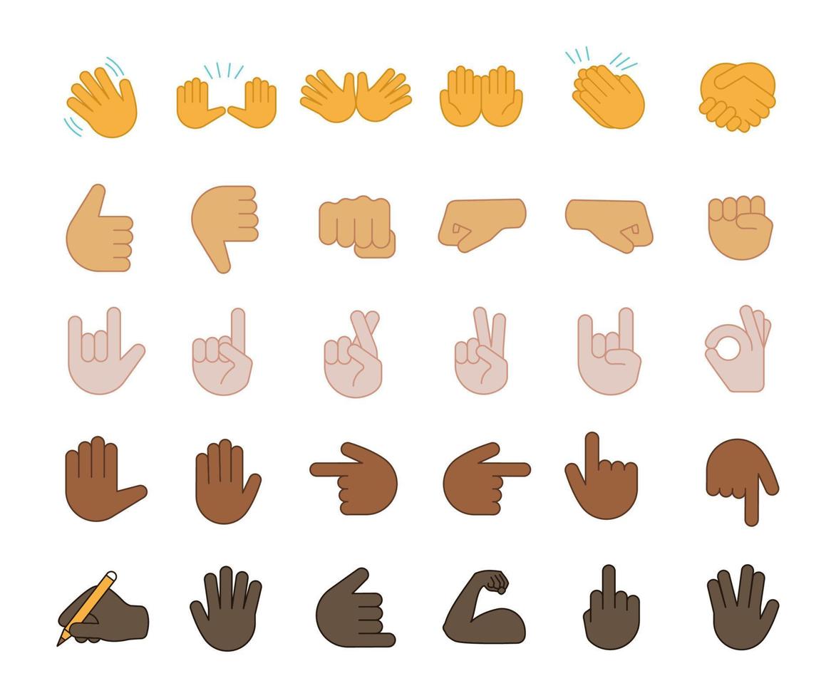 conjunto de iconos de color de emojis de gesto de mano. señalar con los dedos, puños, palmas. redes sociales, emoticonos de red. ok, hola, rock, como gesticular. símbolos de mano ilustraciones de vectores aislados