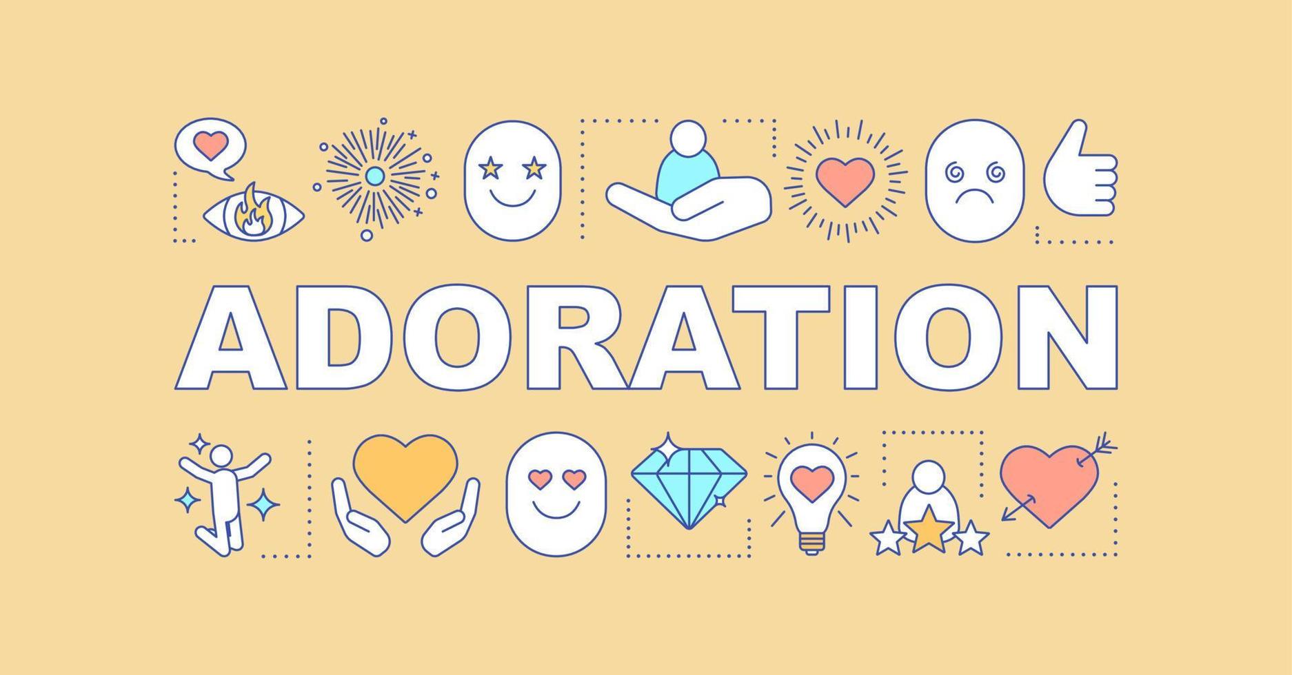 Adoration word concepts banner. Enjoyment. Approval seeking behaviour. Popularity, glory. Presentation, website. Isolated lettering typography idea, linear icons. Vector outline illustration
