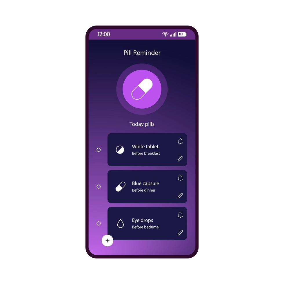 Pills, med reminder app smartphone interface vector template. Drugs list page screen purple design layout. Medication tracker mobile application. Flat gradient UI. Medical prescriptions phone display