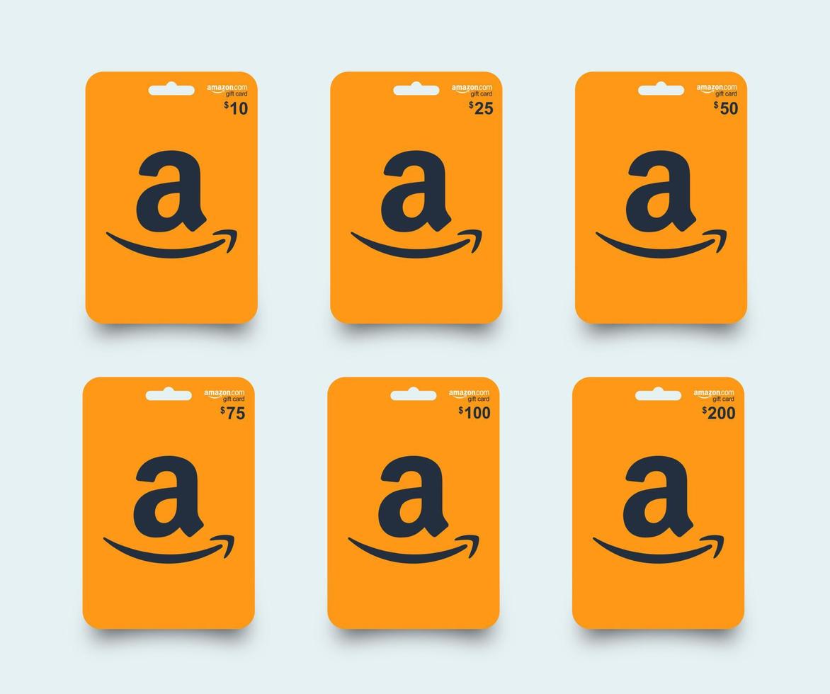 Amazon gift card set. Orange realistic amazon gift card with shadow set 10, 25, 50, 75, 100, 200. Isolated plastic gift card on white background. vector