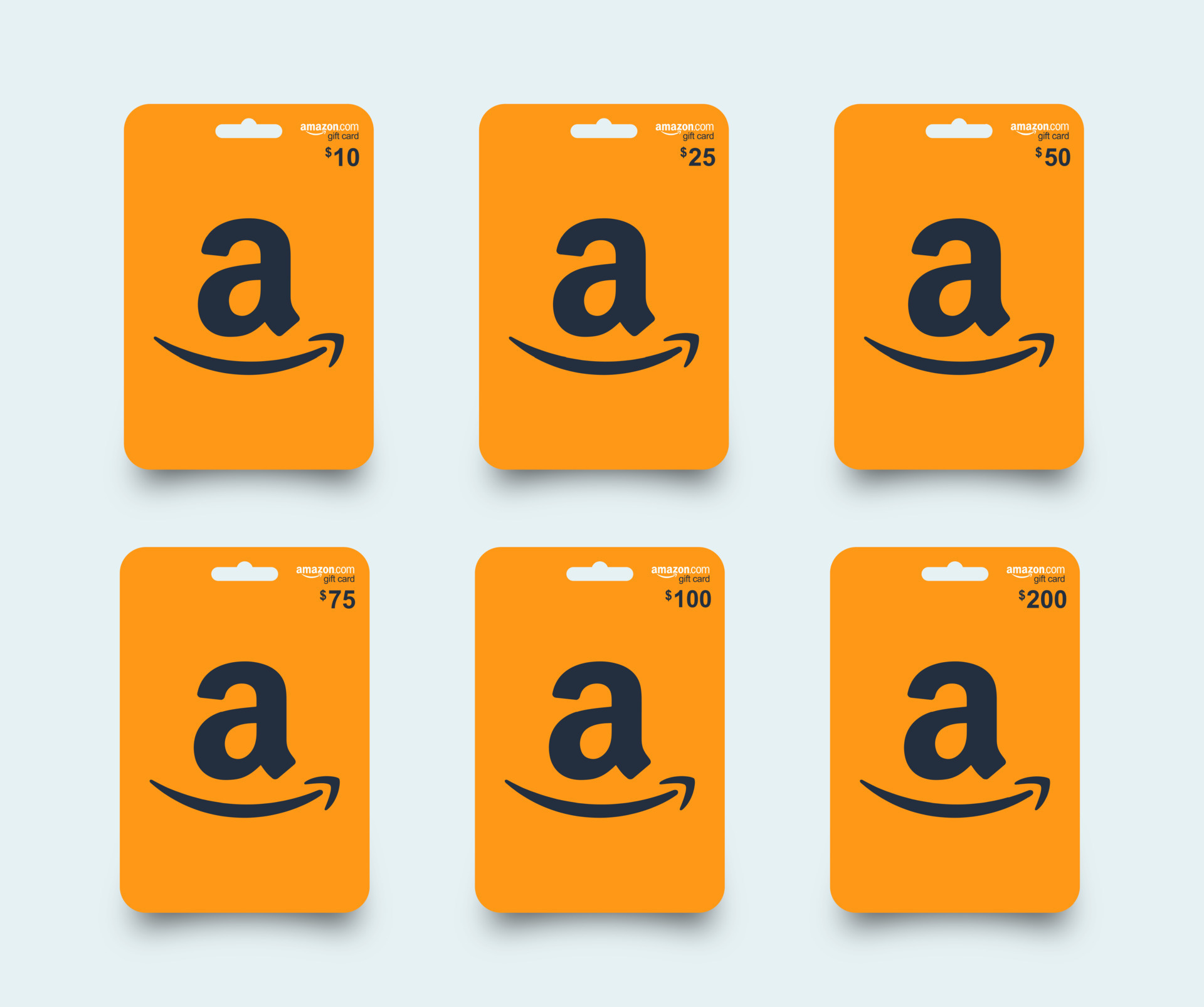 Amazon gift card set. Orange realistic amazon gift card with shadow set