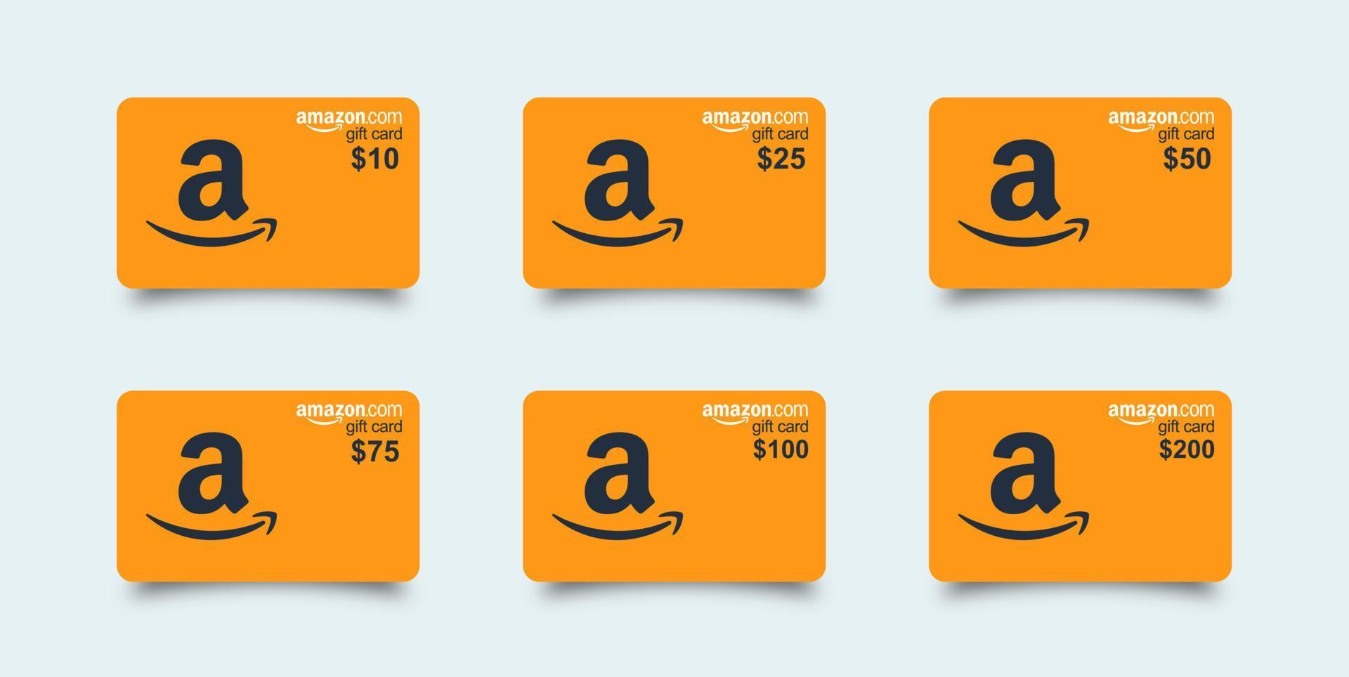 Amazon gift card set. Orange realistic amazon gift card with shadow set 10, 25, 50, 75, 100, 200. Isolated plastic gift card on white background. vector