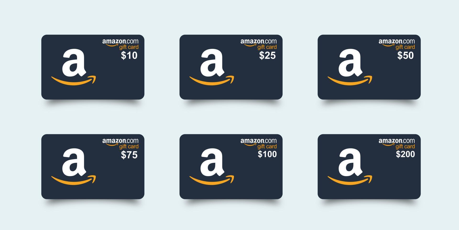 Amazon gift card set. Black realistic amazon gift card with shadow set 10, 25, 50, 75, 100, 200. Isolated plastic gift card on white background. vector