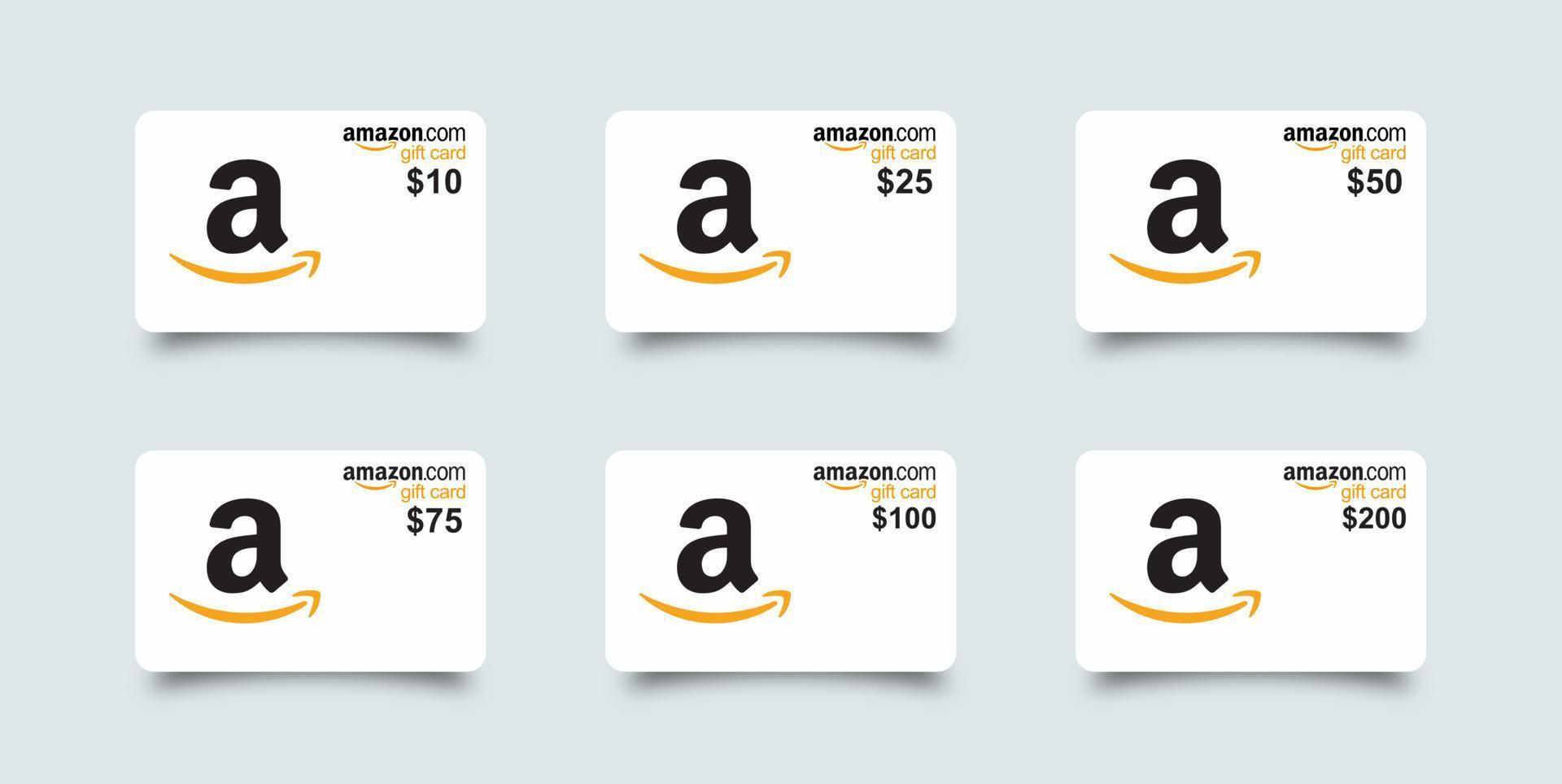 Amazon gift card set. White realistic amazon gift card with shadow set 10, 25, 50, 75, 100, 200. Isolated plastic gift card on white background. vector