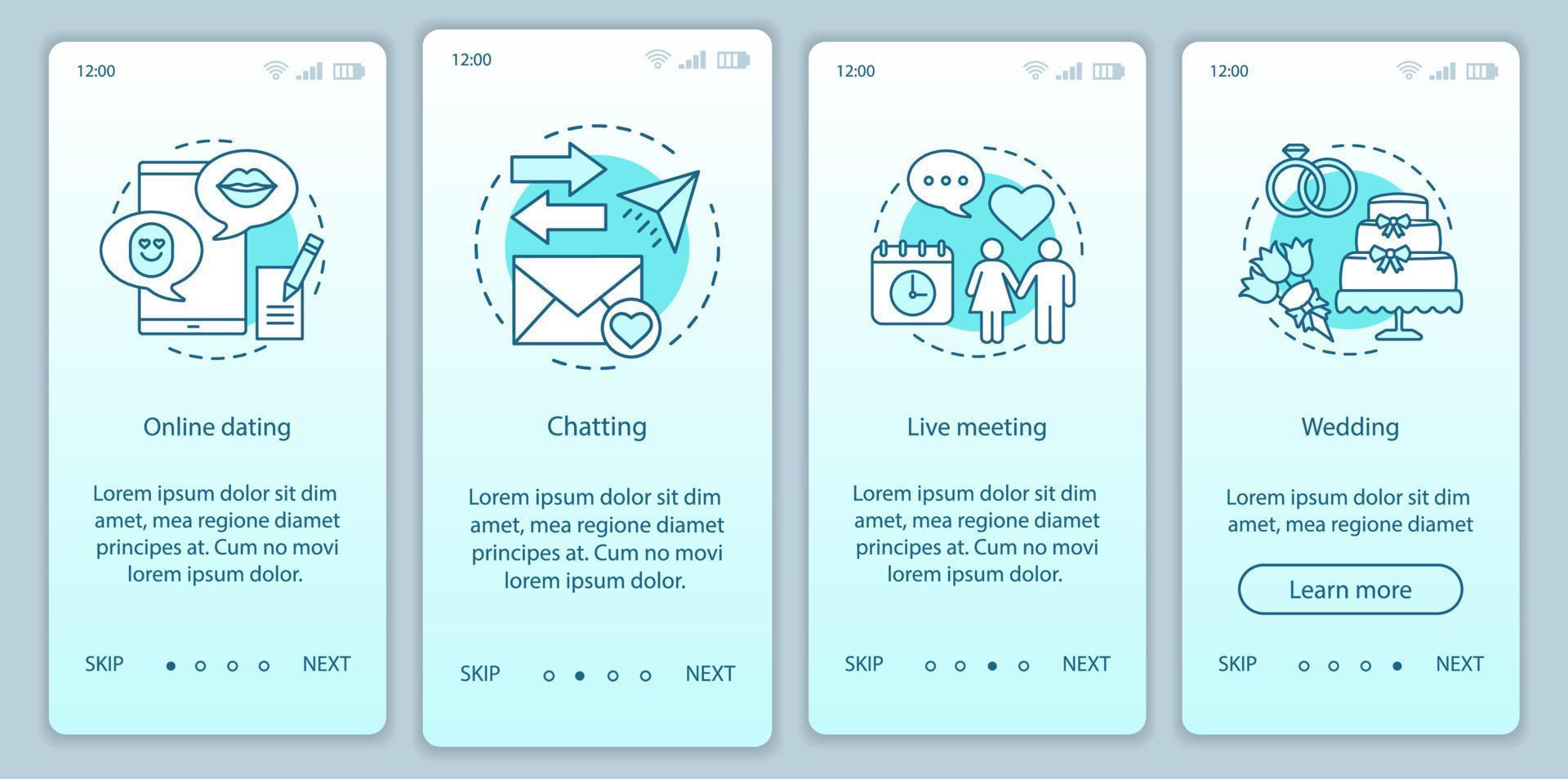 plantilla de vector de pantalla de página de aplicación móvil de incorporación de citas en línea. chat, reunión en vivo, instrucciones del sitio web de la boda con ilustraciones lineales. casamentero. ux, ui, concepto de interfaz de teléfono inteligente gui