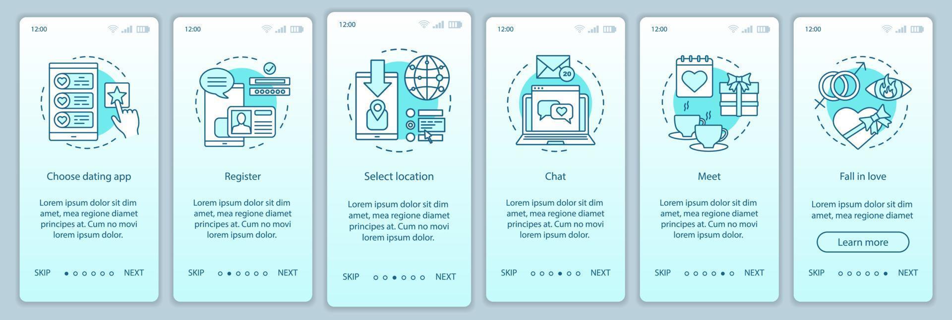 Online dating onboarding mobile app page screen vector template. Choose, register, chat, meet, fall in love website instructions with linear illustrations. UX, UI, GUI smartphone interface concept