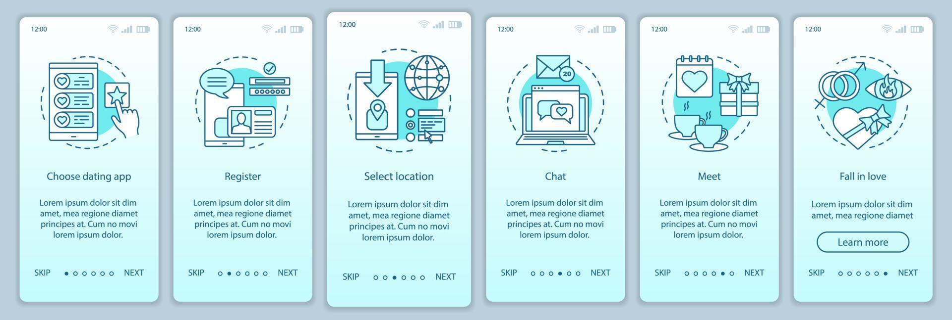 Plantilla de vector de pantalla de página de aplicación móvil de incorporación de citas en línea. elegir, registrarse, chatear, reunirse, enamorarse de las instrucciones del sitio web con ilustraciones lineales. concepto de interfaz de teléfono inteligente ux, ui, gui