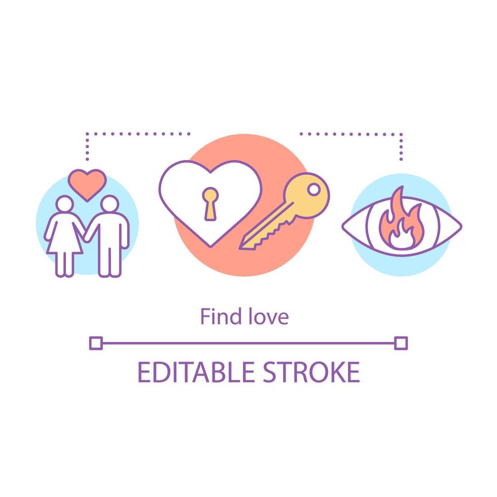 encontrar el icono del concepto de amor. en línea, idea de citas por Internet ilustración de línea delgada. emparejamiento romántico. pareja, búsqueda de citas. llama en los ojos. clave de corazón. dibujo de contorno aislado vectorial. trazo editable vector