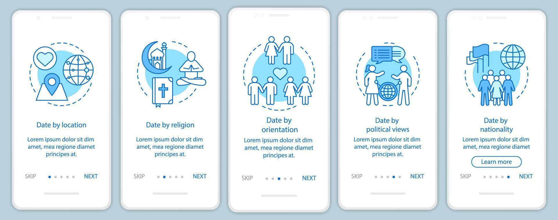 Plantilla de vector de pantalla de página de aplicación móvil de incorporación de citas en línea. fecha por ubicación, religión, orientación, nacionalidad, instrucciones del sitio web con ilustraciones lineales. interfaz de teléfono inteligente ux, ui, gui