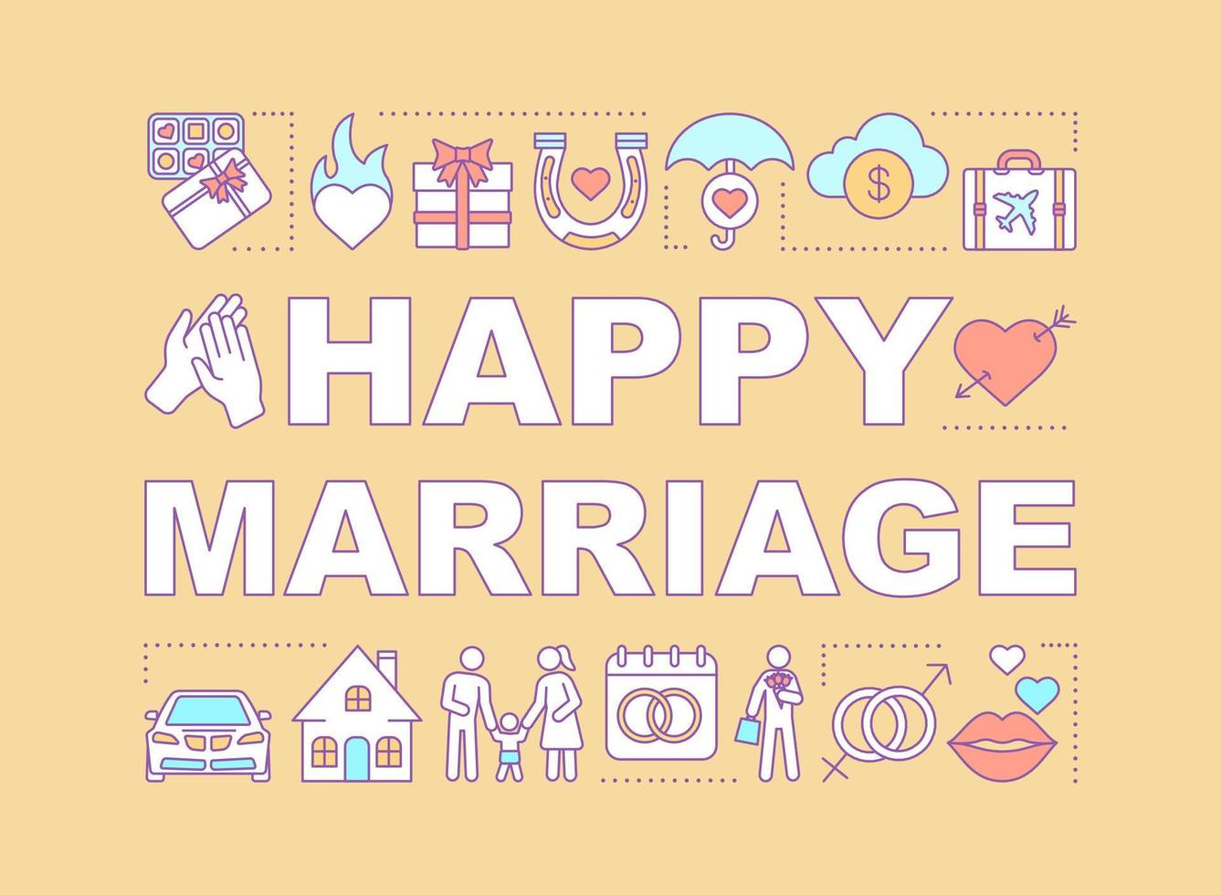 Happy marriage word concepts banner. Online dating. Family matchmaking. Find husband, wife. Presentation, website. Isolated lettering typography idea with linear icons. Vector outline illustration