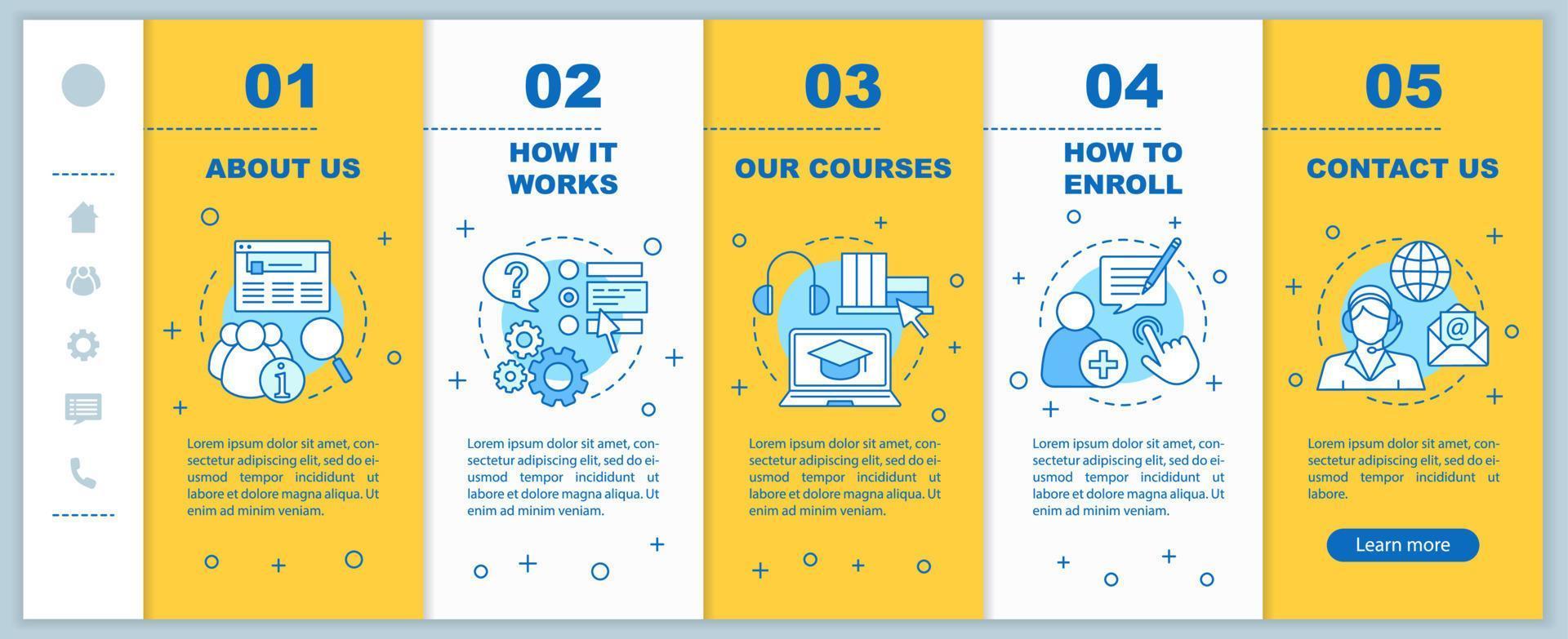 cursos en línea que incorporan la plantilla vectorial de páginas web móviles. servicio de aprendizaje electrónico. educación a distancia. interfaz de sitio web de teléfono inteligente sensible. pantallas de pasos del tutorial de la página web. concepto de color vector