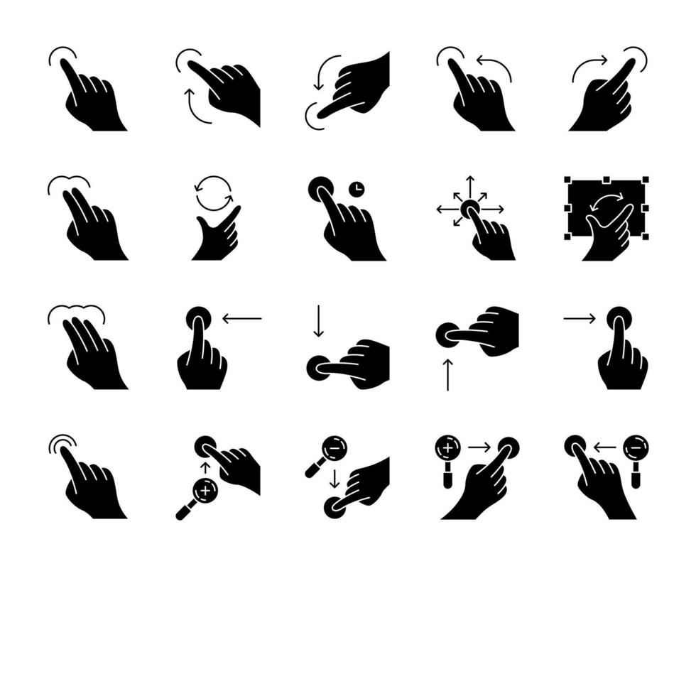 Touchscreen gestures glyph icons set. Tap, point, 2x tap, 3x click gesturing. Flick, zoom gesture. Scroll up, down. Drag finger all directions. Silhouette symbols. Vector isolated illustration