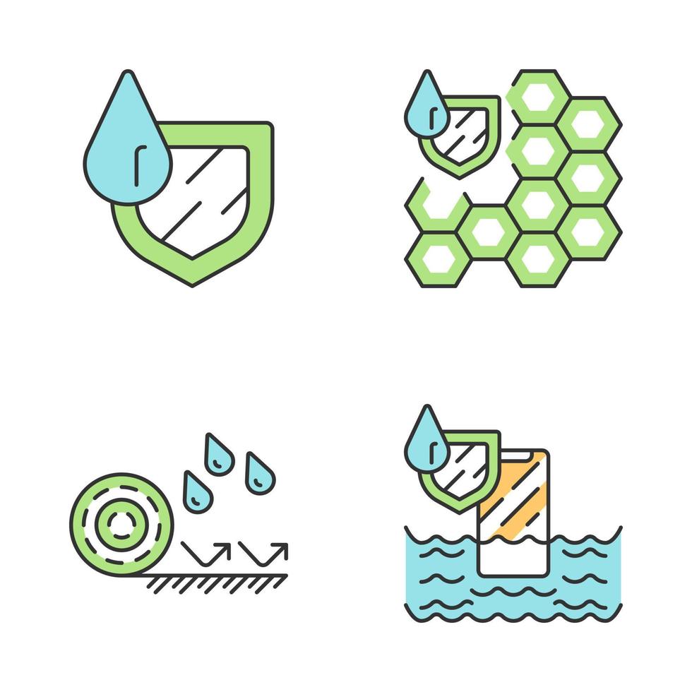 Waterproofing color icons set. Water resistant materials and surfaces. Hydrophobic technology. Waterproof membrane, flooring and phone. Liquid and rain protection. Isolated vector illustrations