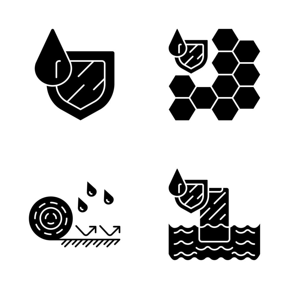 Waterproofing glyph icons set. Water resistant materials and surfaces. Waterproof membrane, flooring and phone. Liquid and rain protection. Silhouette symbols. Vector isolated illustration