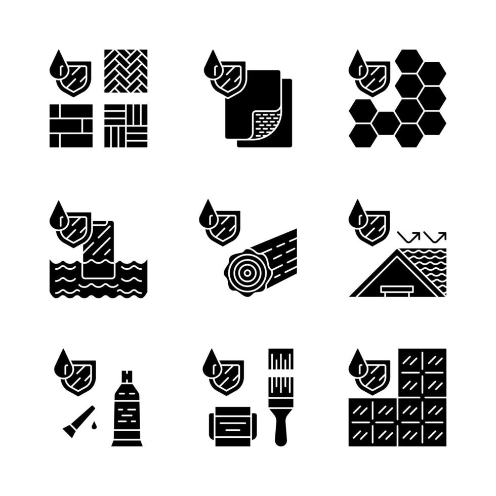 Waterproofing glyph icons set. Water resistant materials, surfaces. Hydrophobic technology. Waterproof flooring, paint, tile, sealant, roof, phone. Liquid protection. Isolated vector illustrations