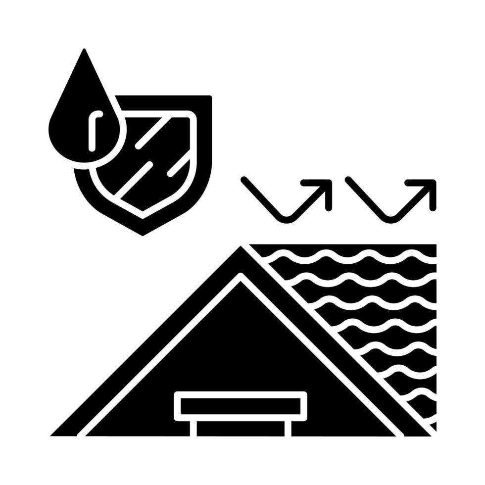 Waterproof house roof glyph icon. Durable water resistant material. Hydrophobic tiling. Repellent shingles. Weatherproof roofing. Silhouette symbol. Negative space. Vector isolated illustration