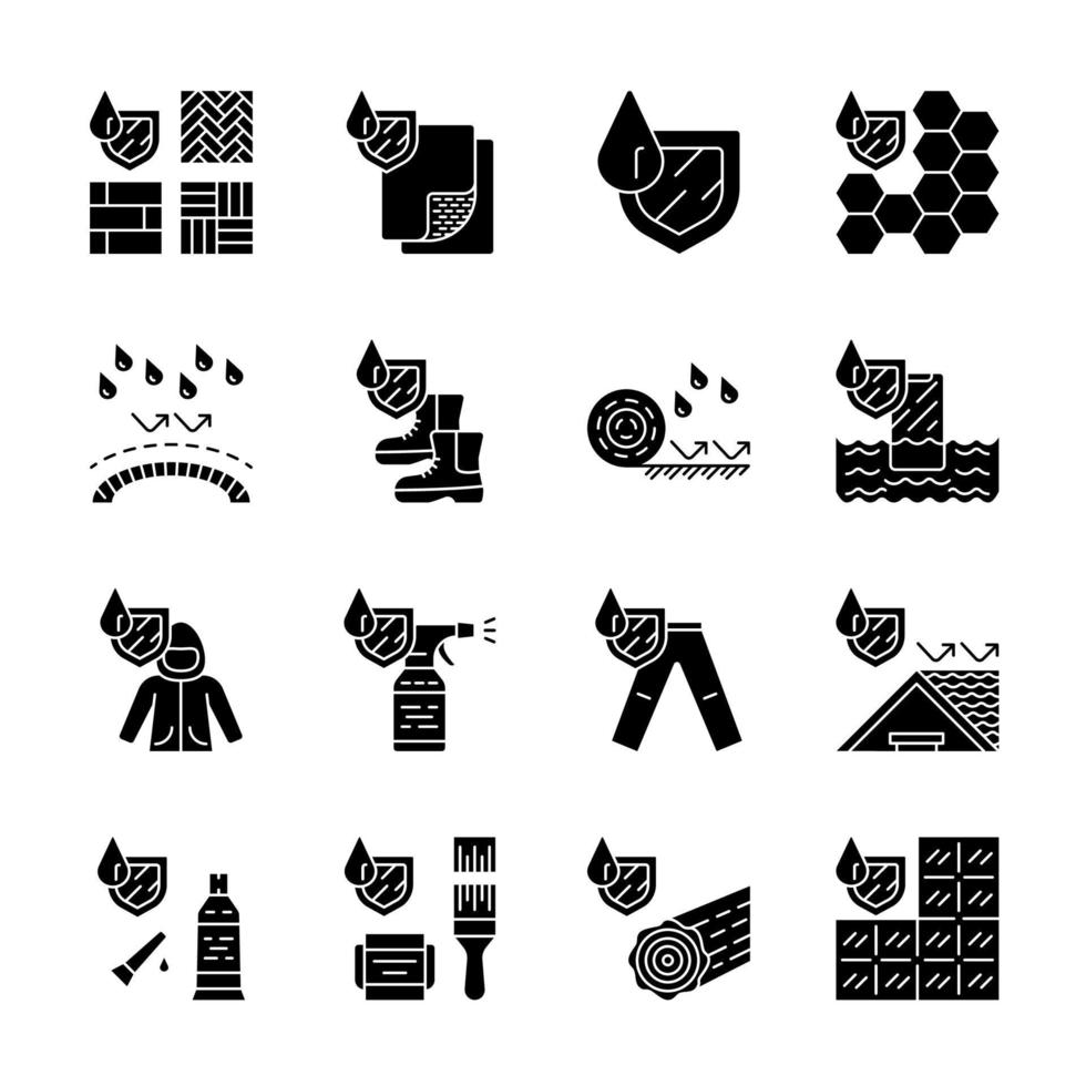 Waterproofing glyph icons set. Water resistant, repellent materials, fabric and surfaces. Waterproof coat, spray and boots. Raincoat, shoes. Silhouette symbols. Vector isolated illustration