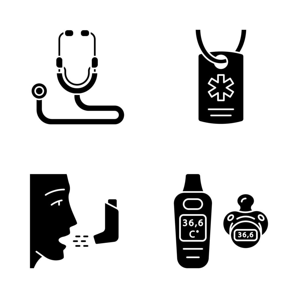 Medical devices glyph icons set. Stethoscope, medical alert ID necklace, inhaler, baby digital thermometer. Heart rate, temperature monitor, ID tag. Silhouette symbols. Vector isolated illustration
