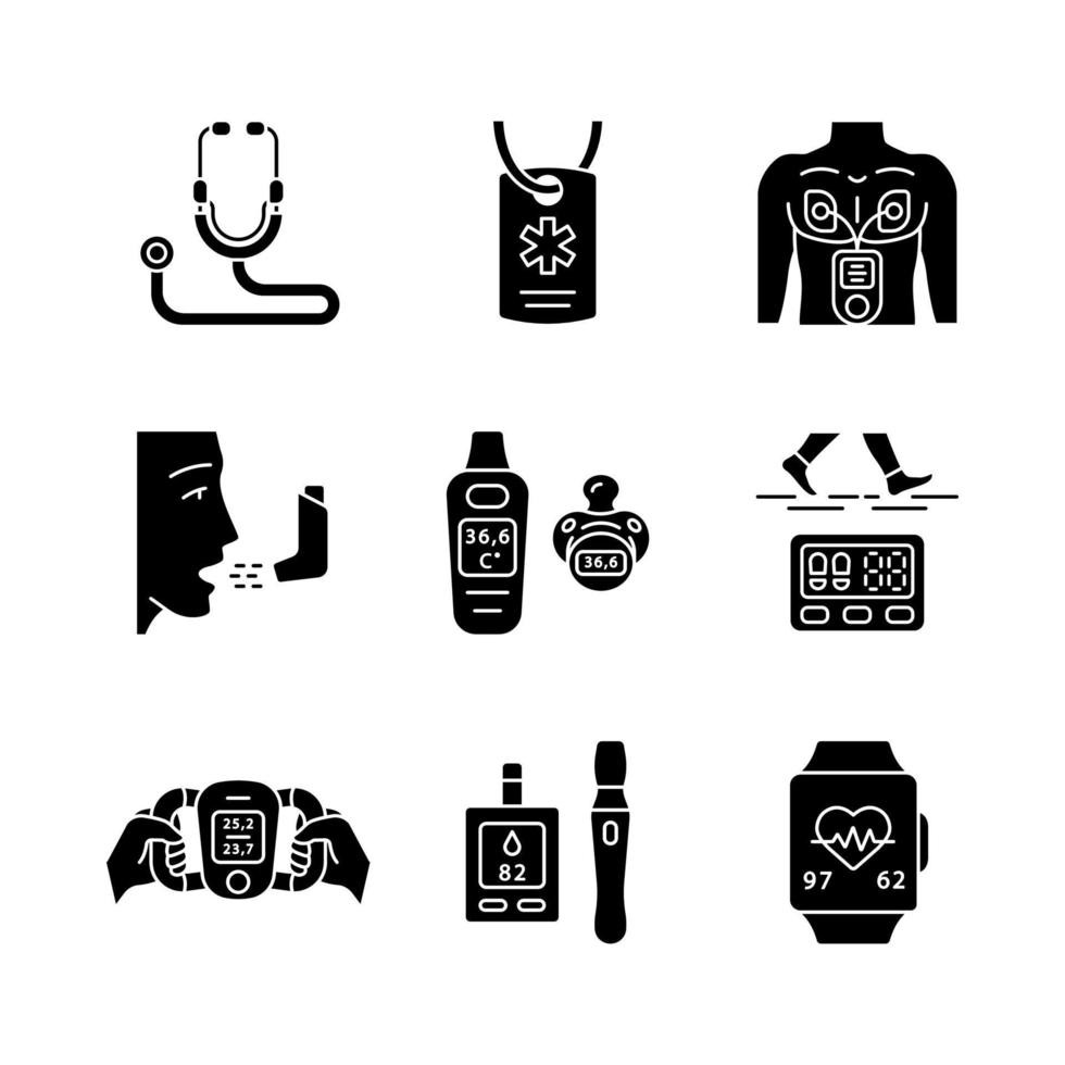 Medical devices glyph icons set. Stethoscope, medical alert ID, inhaler, muscle stimulator, glucometer, pedometer, baby thermometer, fitness tracker. Silhouette symbols. Vector isolated illustration