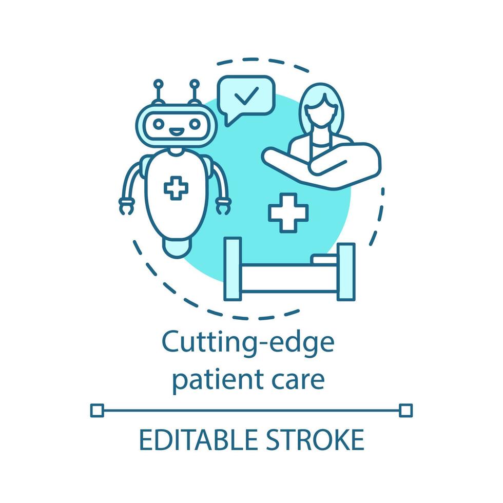 Cutting edge patient care concept icon. Progressive nursing technology. Using robots in medicine. Hospital treatment idea thin line illustration. Vector isolated outline drawing. Editable stroke