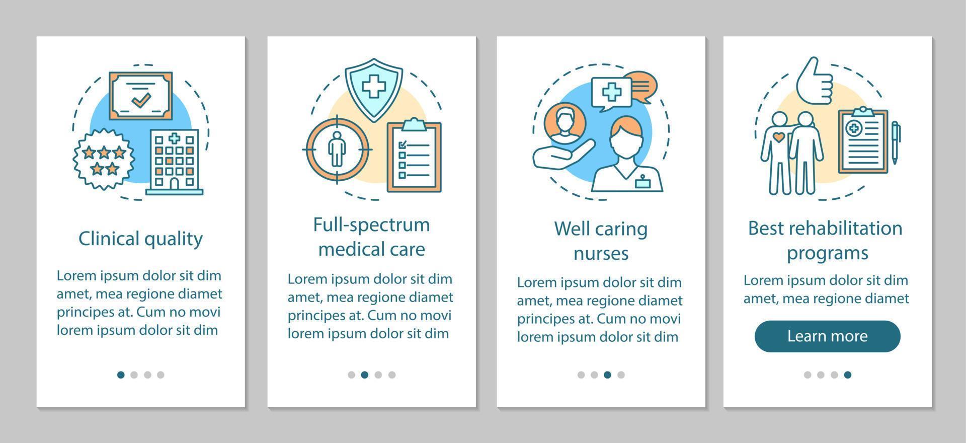 los beneficios del servicio médico incorporan la plantilla de vector de pantalla de la página de la aplicación móvil. trato y atención de calidad. paso a paso del sitio web con ilustraciones lineales. ux, ui, concepto de interfaz de teléfono inteligente gui