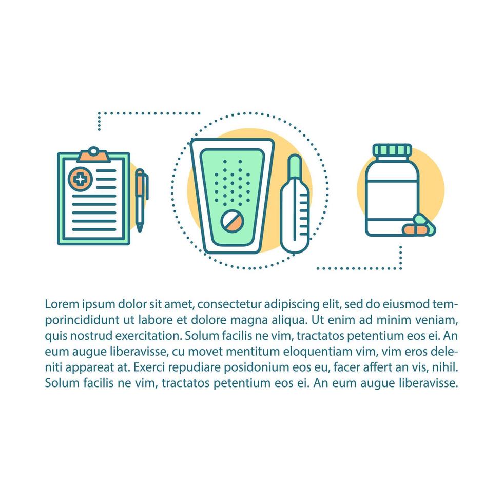 Safe treatment article page vector template. Medical protocol. Therapy plan. Brochure, magazine, booklet design element with icons and text boxes. Print design. Concept illustrations with text space