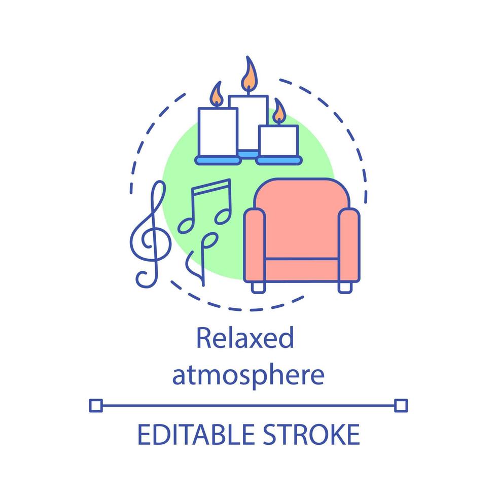 Relaxed atmosphere concept icon. Meditation place. Cozy apartment. Romantic area. Armchair, music and candles. Rest room idea thin line illustration. Vector isolated outline drawing. Editable stroke