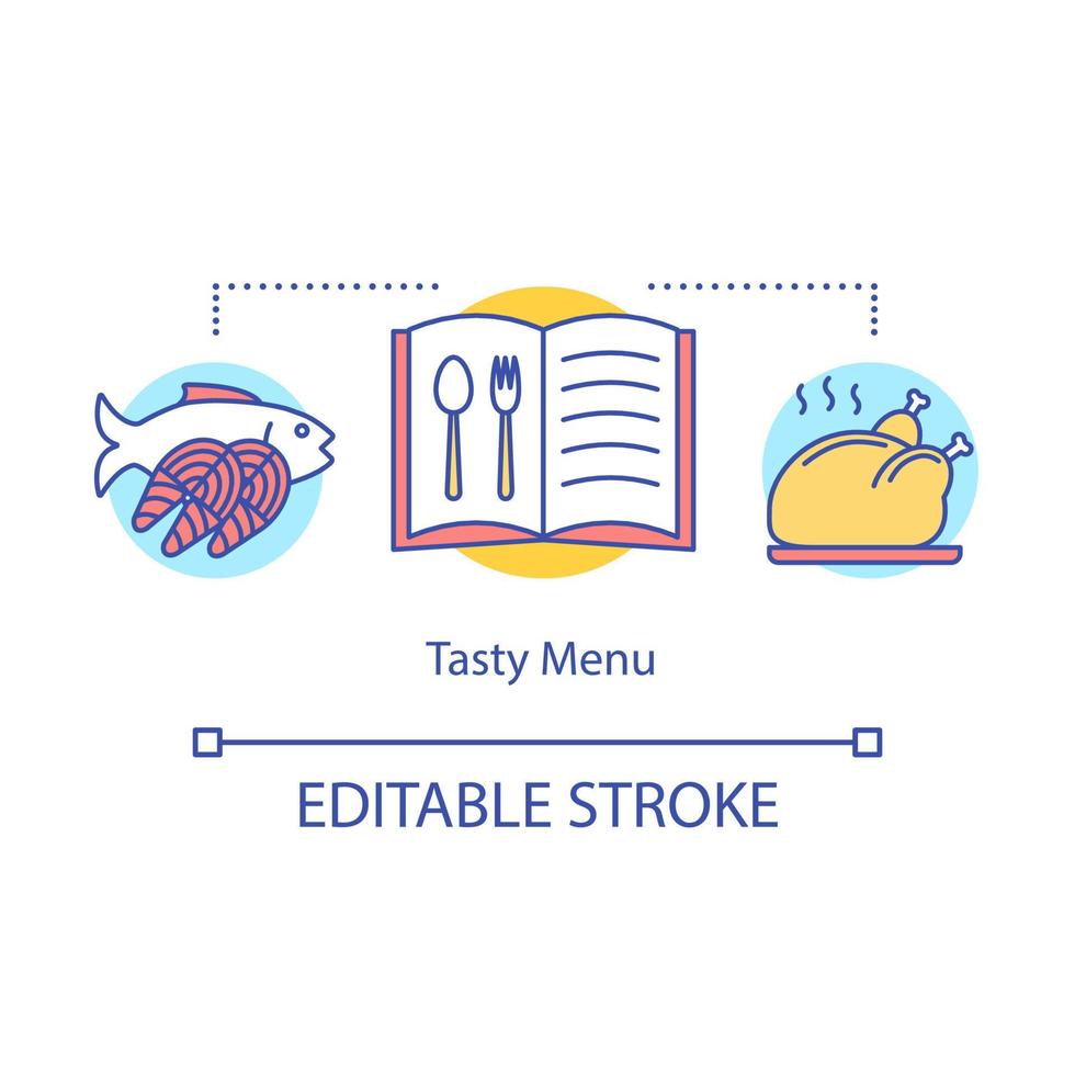 Tasty menu concept icon. Catering industry. Recipe book. Order fish and chicken dishes. Restaurant food idea thin line illustration. Vector isolated outline drawing. Editable stroke
