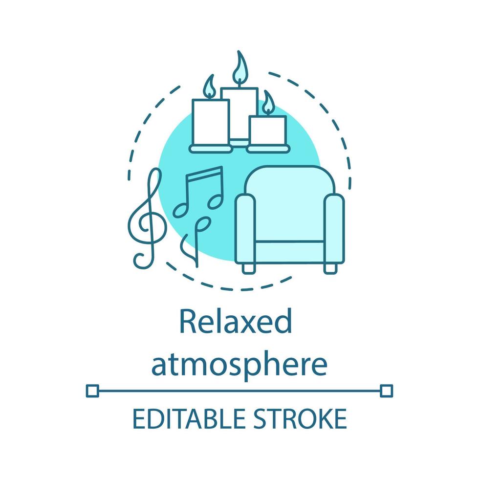 Relaxed atmosphere concept icon. Rest room. Meditation place. Romantic area. Armchair, music and candles. Cozy apartment idea thin line illustration. Vector isolated outline drawing. Editable stroke