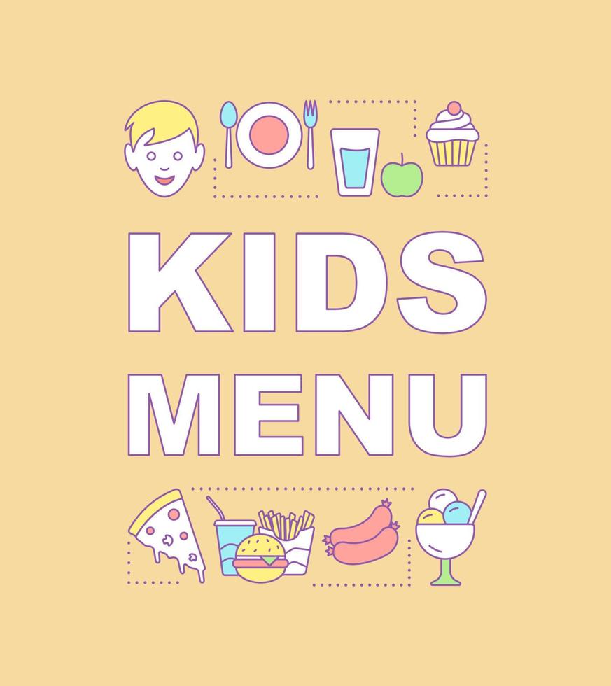 Kids menu word concepts banner. Fastfood meal. Menu for children birthday. Unhealthy food. Presentation, website. Isolated lettering typography idea with linear icons. Vector outline illustration