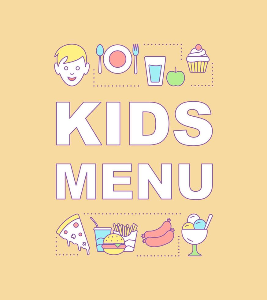 Kids menu word concepts banner. Fastfood meal. Menu for children birthday. Unhealthy food. Presentation, website. Isolated lettering typography idea with linear icons. Vector outline illustration