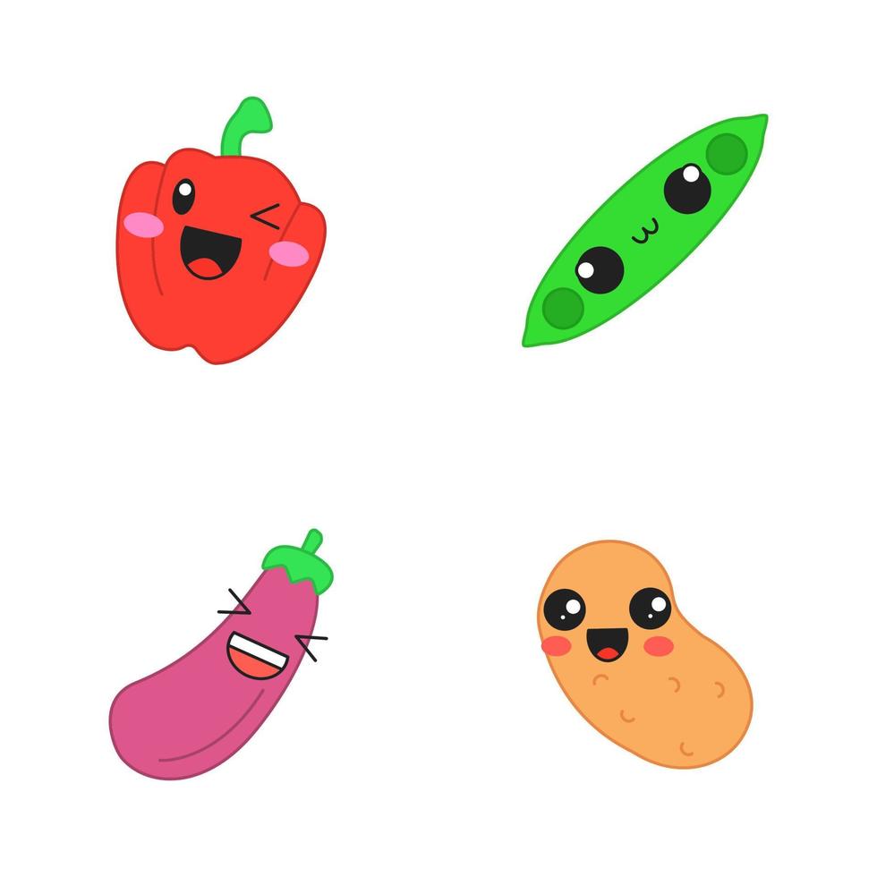 Vegetables cute kawaii vector characters. Papper with smiling face. Happy eggplant and potato. Serious peas. Laughing food. Funny emoji, emoticon, smile. Isolated cartoon color illustration