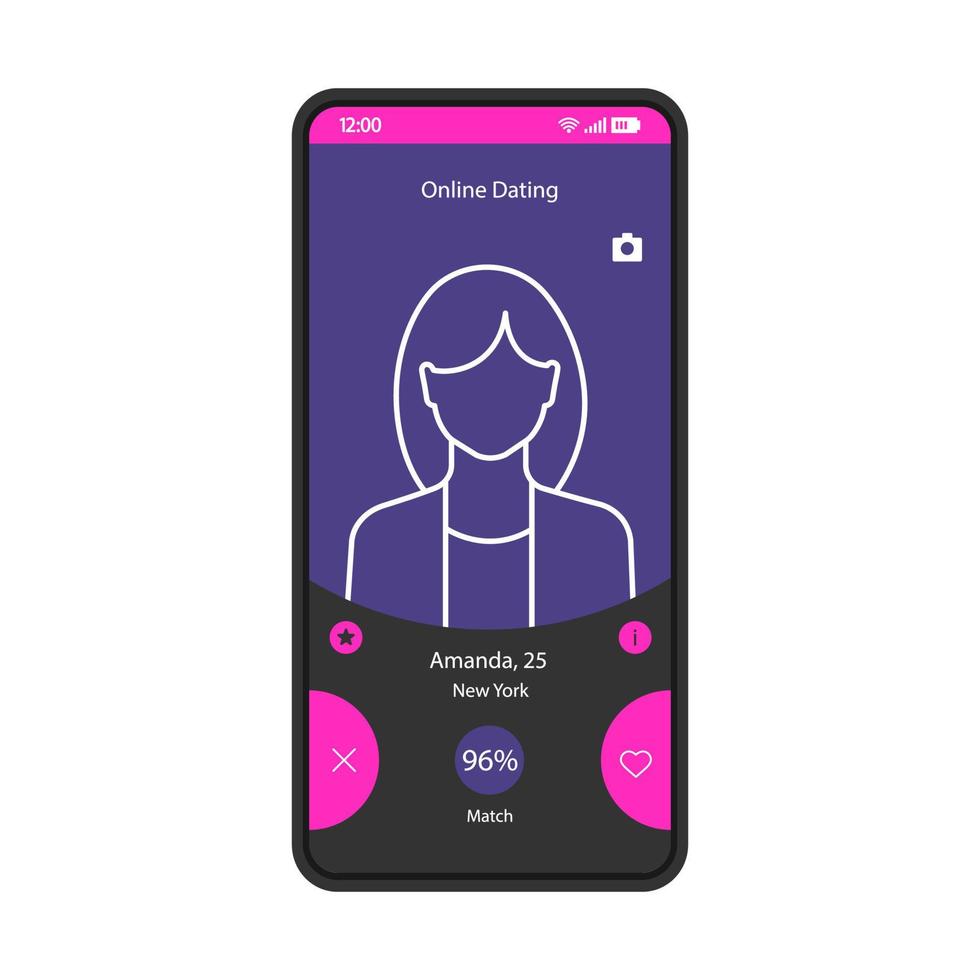 Online dating app smartphone interface vector template. Mobile page blue design layout. Matchmaker, love calculator. Womans profile screen. Date, match app. Flat UI for application. Phone display