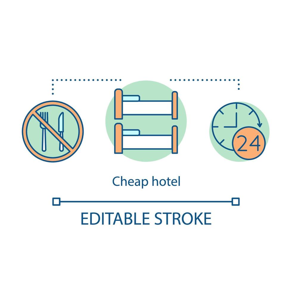 icono de concepto de hotel barato. habitación doble con camas individuales. Recepción 24 horas. albergue, dormitorio. amenidad hotelera. ilustración de línea delgada de idea de habitación de bajo precio. dibujo de contorno aislado vectorial. trazo editable vector