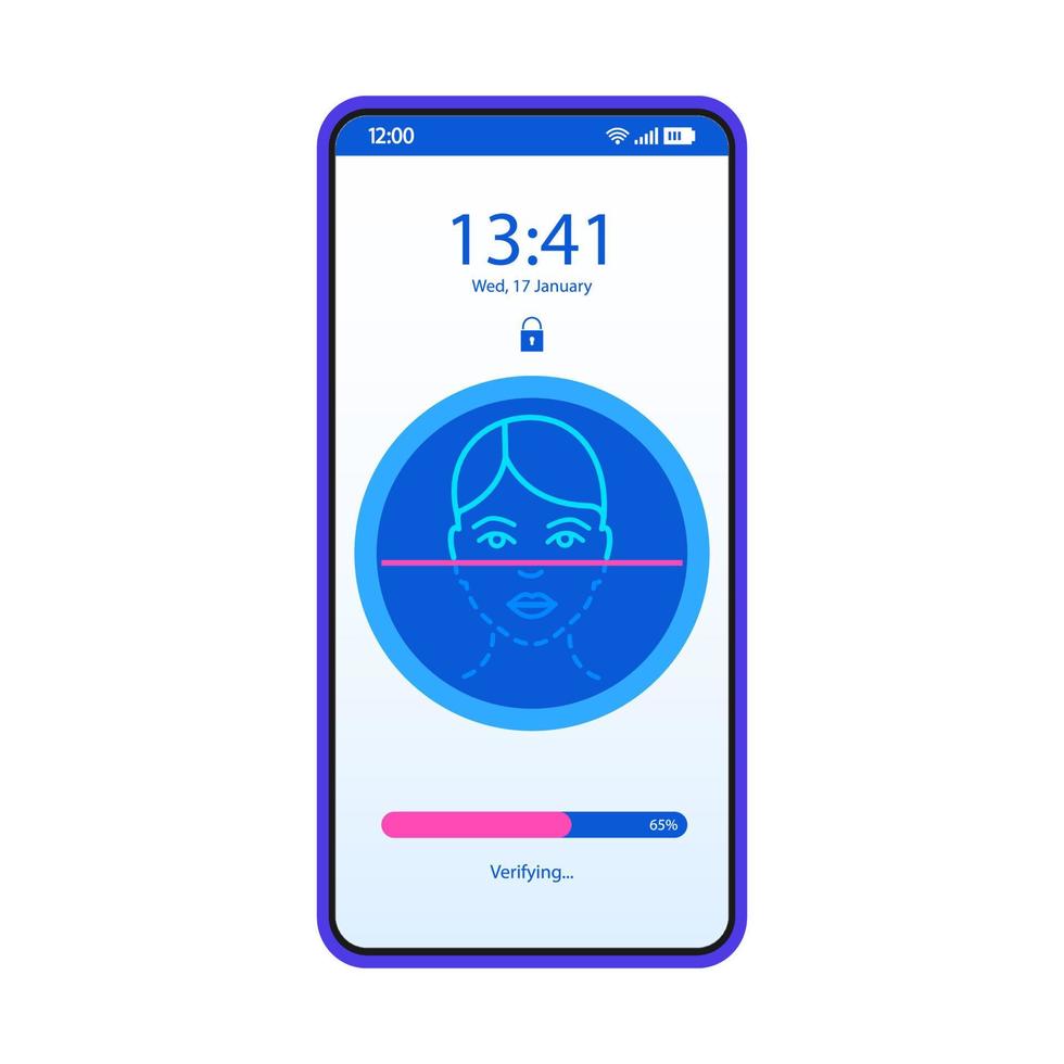Face recognition app smartphone interface vector template. Mobile page blue design layout. Facial ID scanner screen. Identity verification. Flat UI for application. Biometric security. Phone display