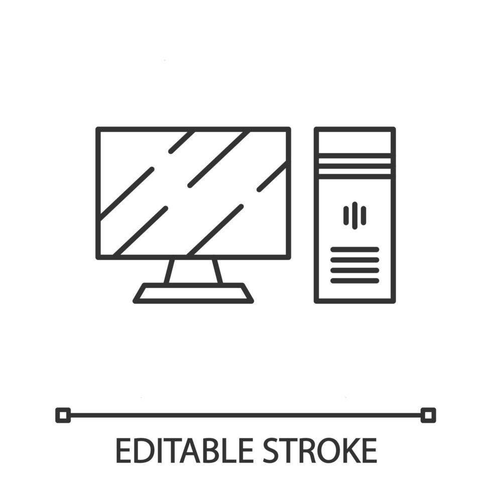 Gaming computer and monitor linear icon. Esports hardware. Video game devices. Desktop computer. Thin line illustration. Contour symbol. Vector isolated outline drawing. Editable stroke