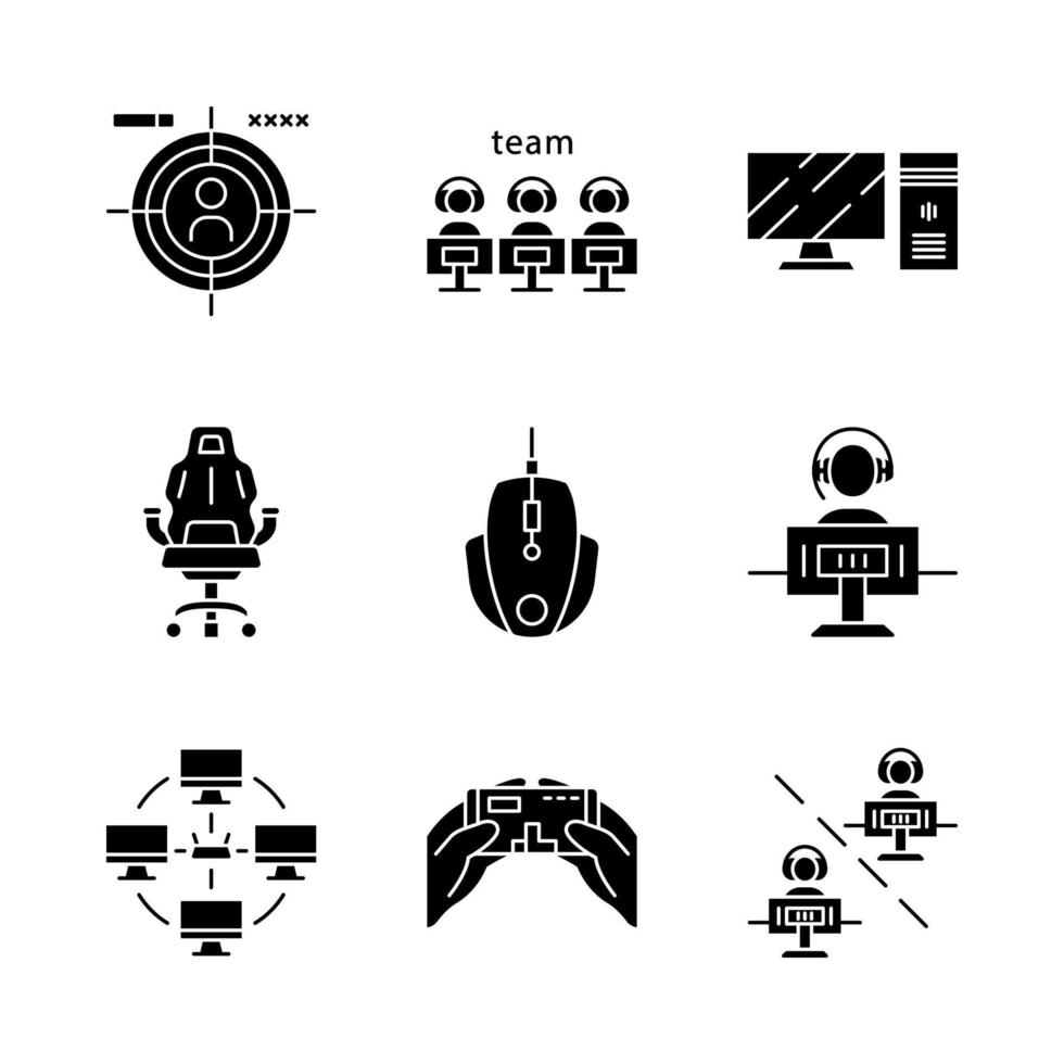 conjunto de iconos de glifo de esports. torneo de videojuegos juego para jugador y equipo. tiroteo. dispositivos informáticos Red de área local. símbolos de silueta. ilustración vectorial aislada vector