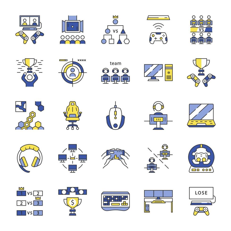 Esports color icons set. Gaming device and gadgets. Video game tournaments. Isolated vector illustrations