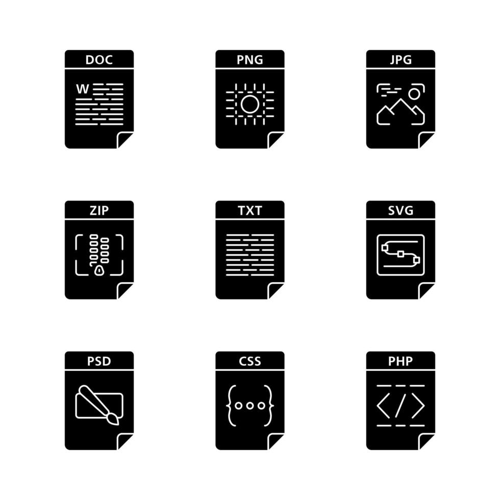 Files format glyph icons set. Text, image, archive, webpage files. DOC, PNG, ZIP, TXT, SVG, PSD, CSS, PHP. Silhouette symbols. Vector isolated illustration