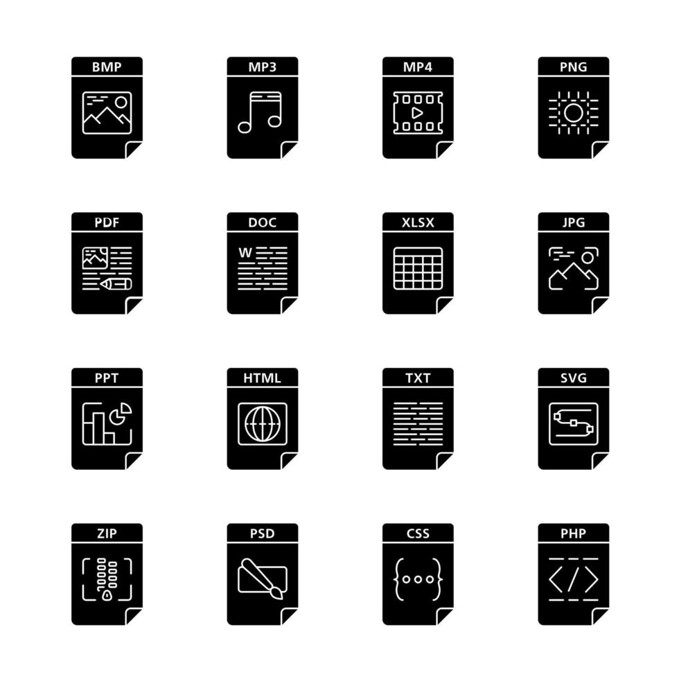 Files format glyph icons set. Multimedia, text, image, web digital files. BMP, MP3, MP4, PNG, PDF, DOC, XLSX, JPG, PPT, HTML, TXT, SVG, ZIP, PHP, CSS. Silhouette symbols. Vector isolated illustration