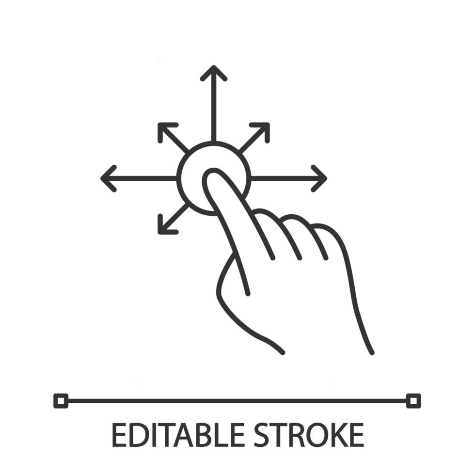 Touchscreen gesture linear icon. Tap, point, click, drag gesturing. Drag finger all directions. Using sensory devices. Thin line illustration. Contour symbol. Vector isolated drawing. Editable stroke