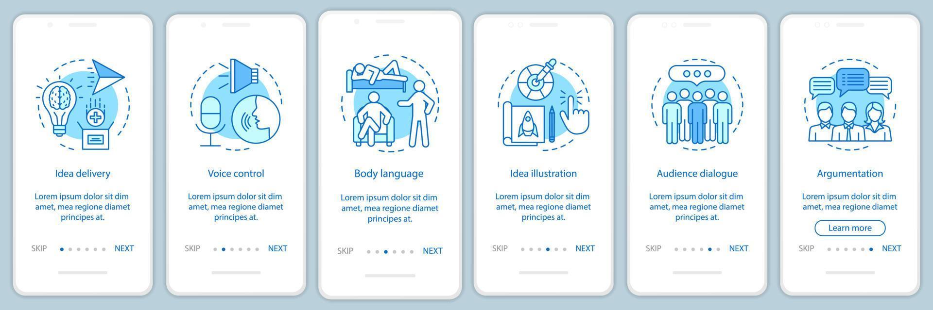 Public speaking skills onboarding mobile app page screen vector template. Voice control, body language, audience dialog. Walkthrough website steps. UX, UI, GUI smartphone interface concept