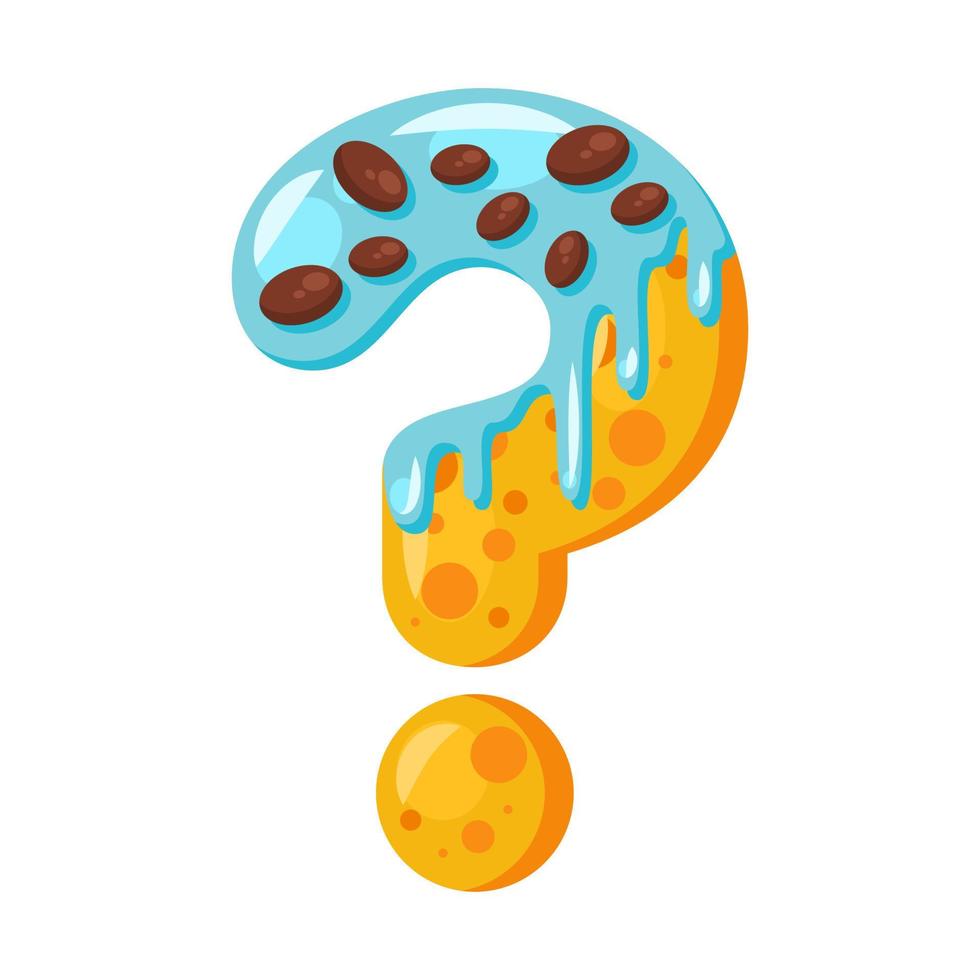 Ilustración de vector de símbolo de signo de interrogación de dibujos animados de donut. estilo de fuente de galleta. signo de matemáticas en negrita vidriado con glaseado. tentadora tipografía de diseño plano. galletas, signo de gofre. pastelería, panadería clipart aislado