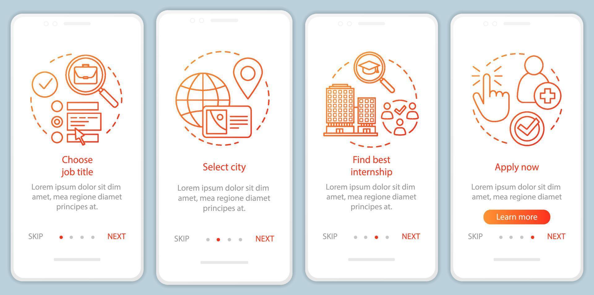 programa de pasantías incorporando la pantalla de la página de la aplicación móvil con conceptos lineales. software de búsqueda de trabajo. instrucciones gráficas de los pasos del tutorial de práctica del estudiante. ux, ui, plantilla vectorial gui, ilustraciones vector