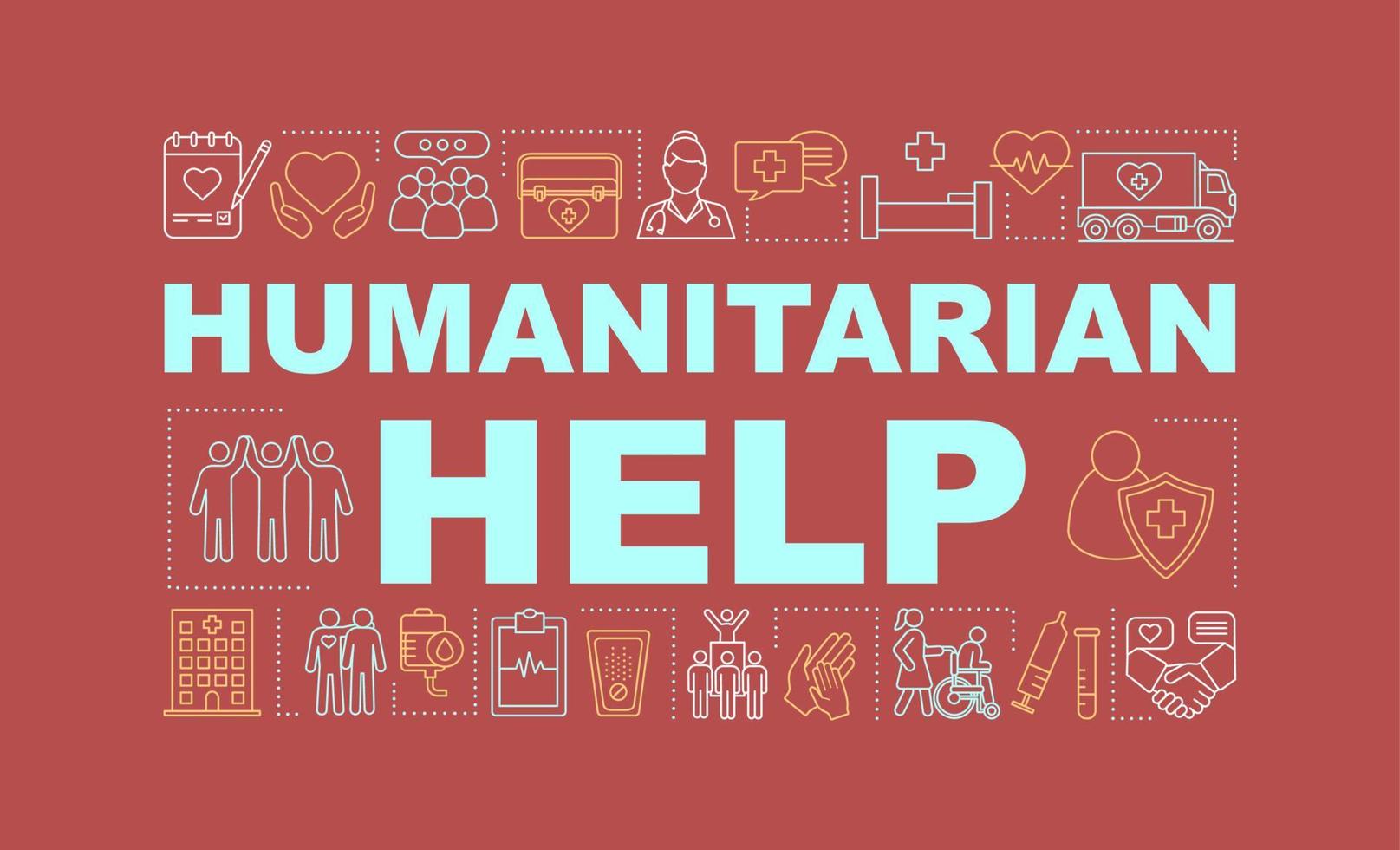Humanitarian help word concepts banner. Volunteering. Charitable foundation. Presentation, website. Isolated lettering typography idea with linear icons. Vector outline illustration
